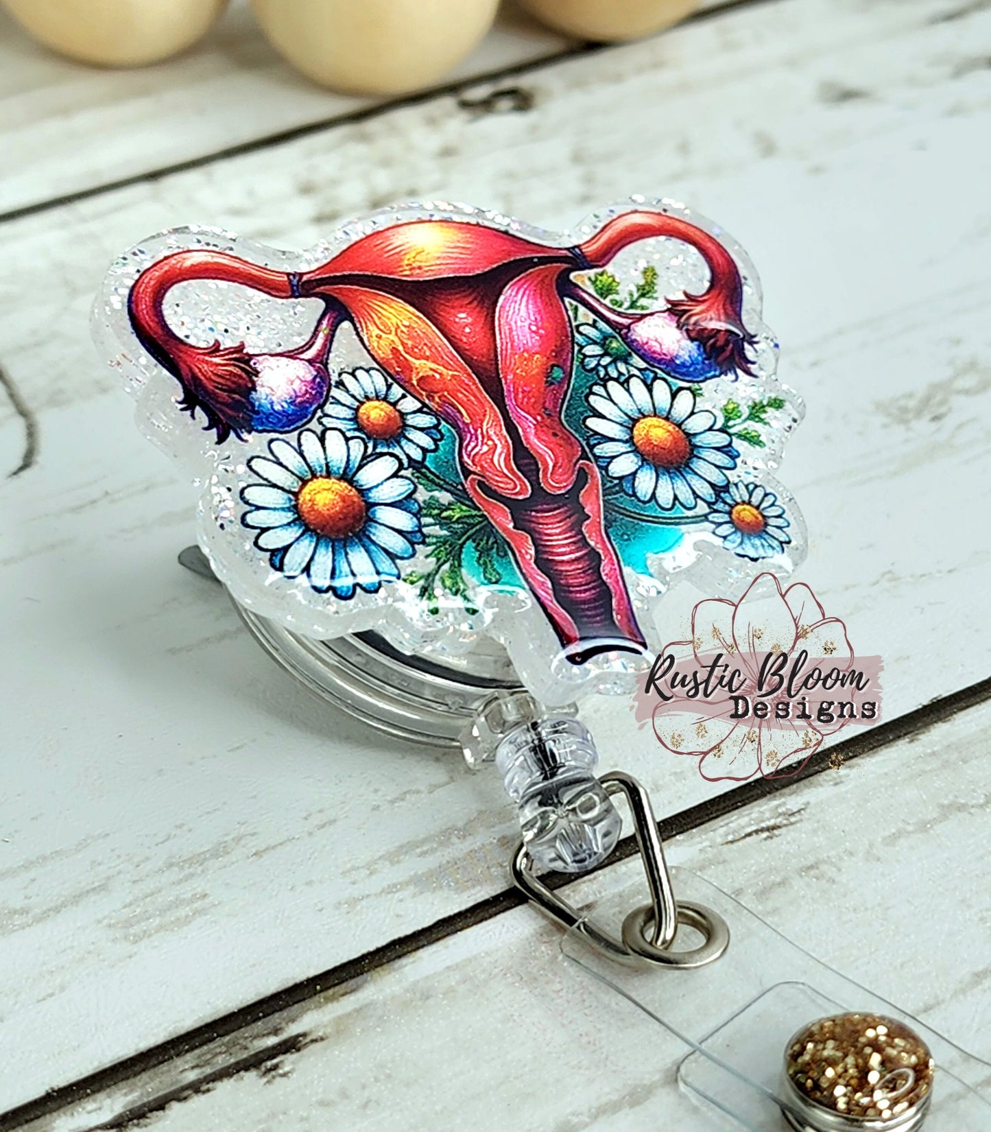 Glitter Anatomical Uterus Floral Badge Reel Custom nurse gift for her Nurse Coworker gift Badge Holder medical Id holder