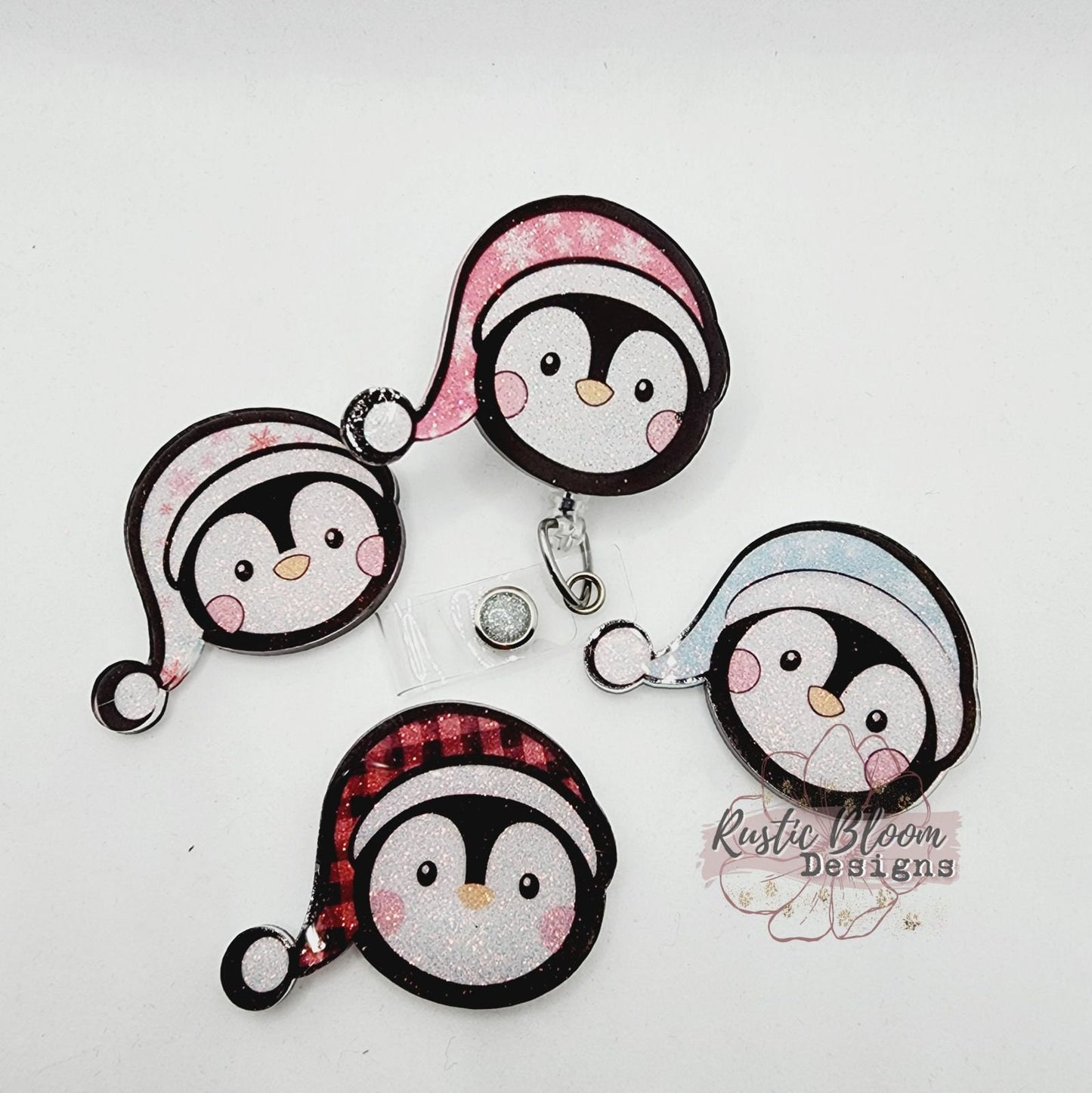 Glitter Penguin Santa Hat Christmas Badge Reel Interchangeable retractable Custom Work ID Nurse Gift Teacher Christmas buffalo plaid