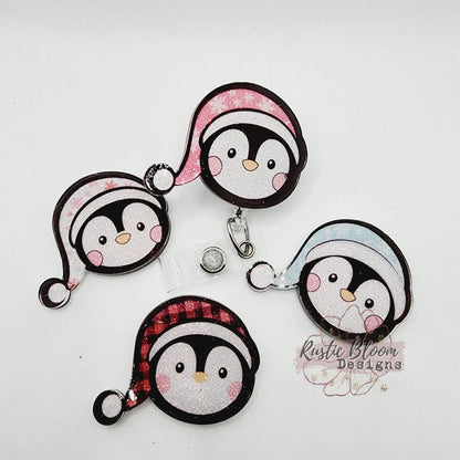 Glitter Penguin Santa Hat Christmas Badge Reel Interchangeable retractable Custom Work ID Nurse Gift Teacher Christmas buffalo plaid