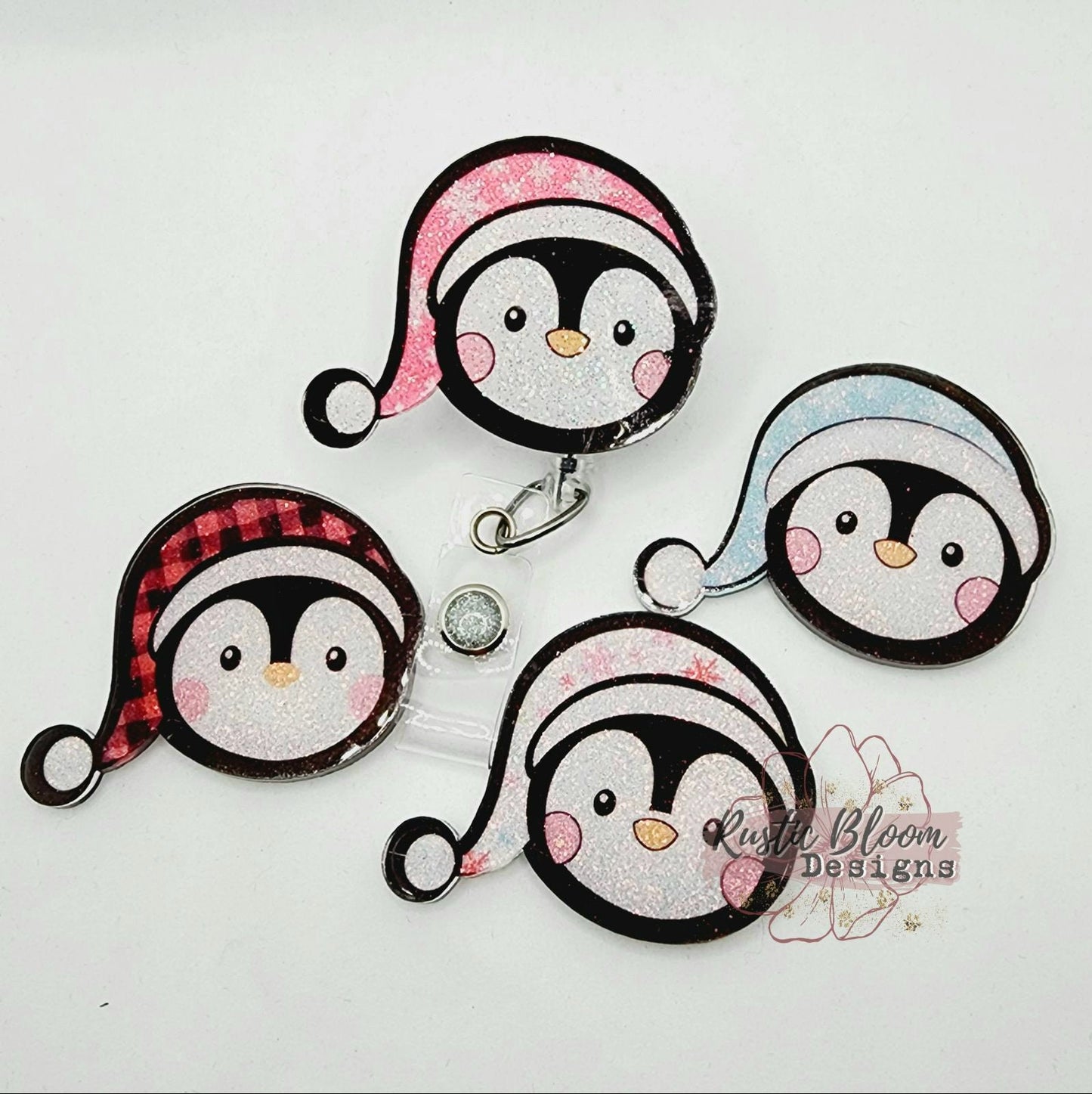 Glitter Penguin Santa Hat Christmas Badge Reel Interchangeable retractable Custom Work ID Nurse Gift Teacher Christmas buffalo plaid