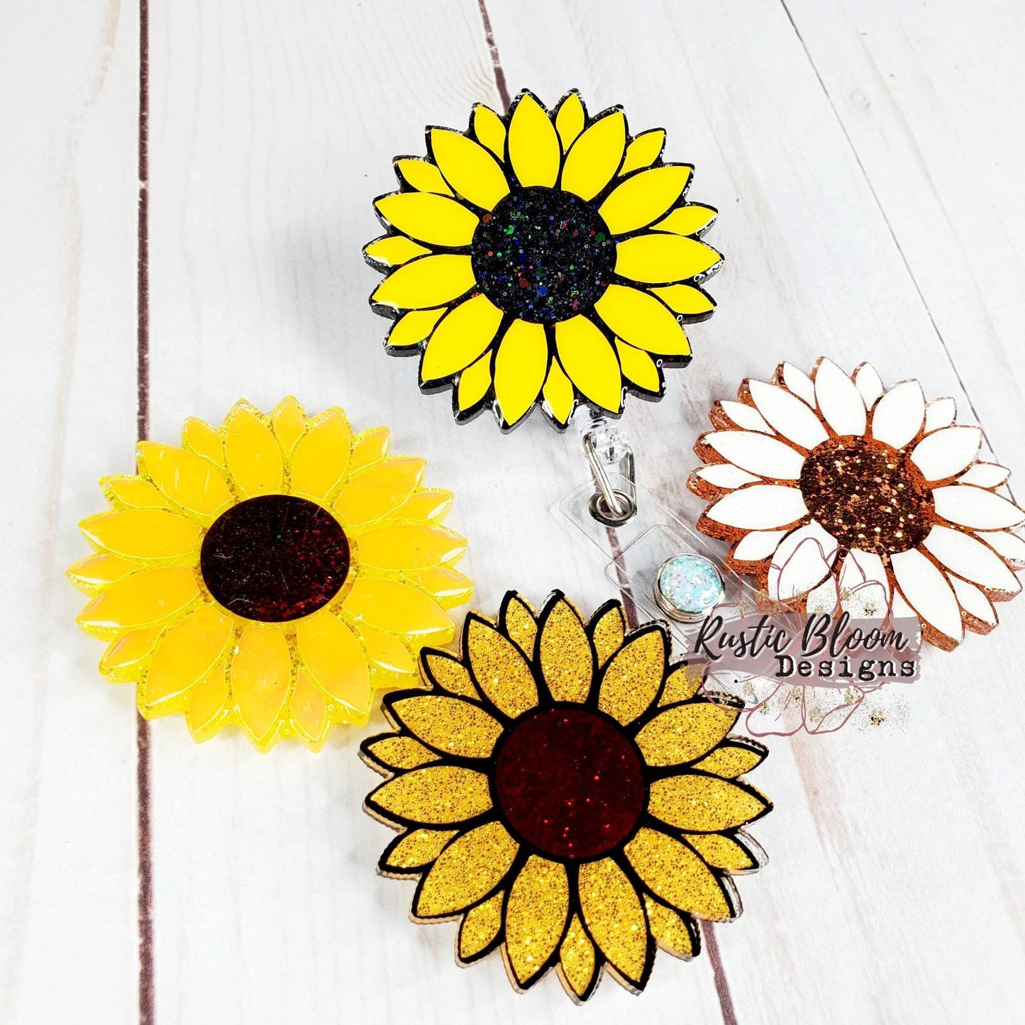 Glitter Sunflower Badge Reel Retractable Interchangeable Nurse Name Holder Custom Gift For Her Work ID holder Teacher ID Tag