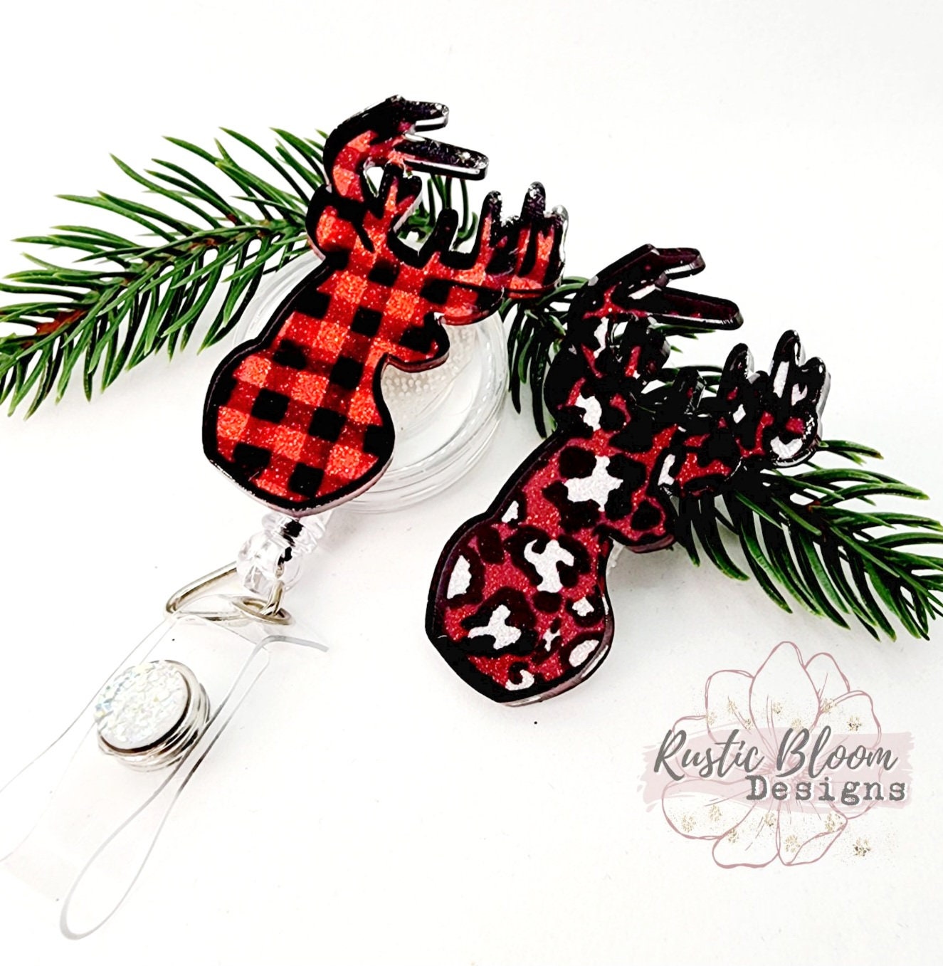 Glitter Deer Head Christmas Badge Reel Interchangeable retractable Personalized Custom Work ID Nurse Gift Teacher Christmas buffalo plaid