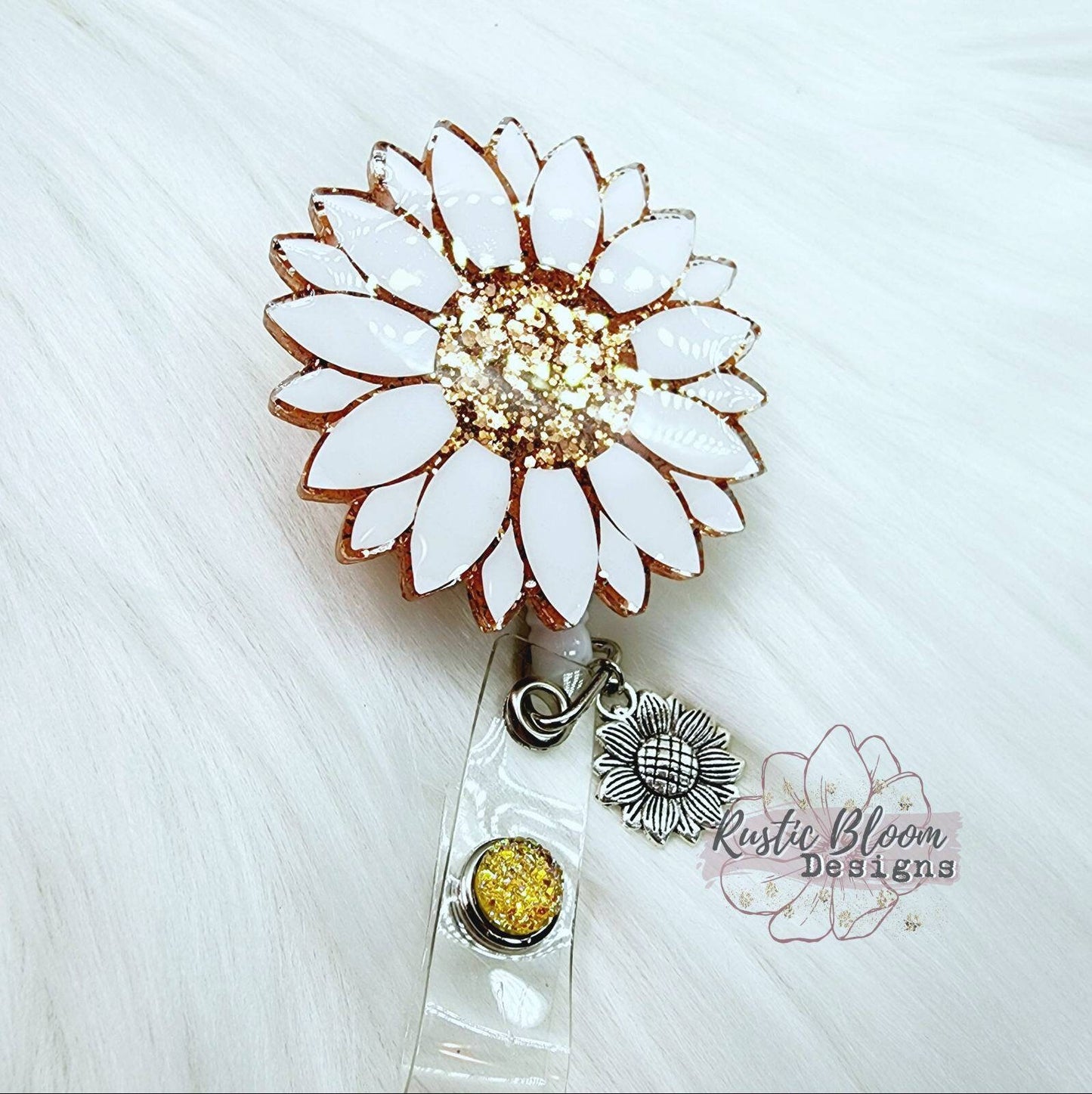 Glitter Rose Gold Sunflower Badge Reel Retractable Interchangeable Nurse Name Holder Custom Gift For Her Work ID holder Teacher ID Tag