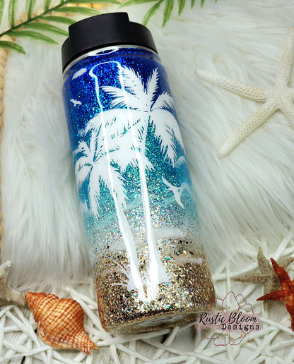 BEACH Ombre Glitter Tumbler PALM TREES  Mother's Day Gift for Her Custom Insulated Travel Coffee Mug Personalized Cup Tropical Ocean Waves