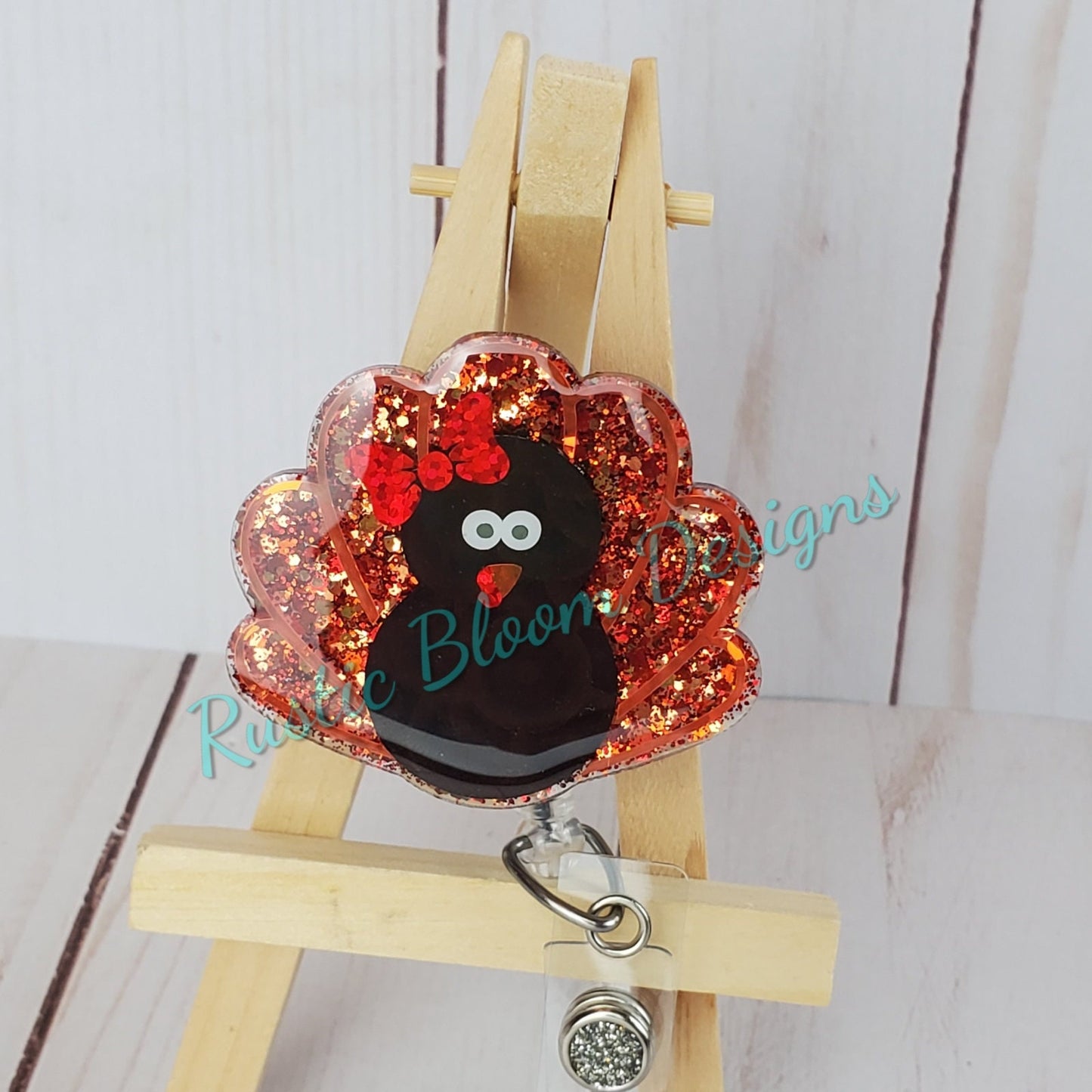 Fall Turkey Glitter Badge Reel Interchangeable Name Tag Work ID Holder Personalized Nurse Gift for Teacher Holiday Badge Seasonal Badge