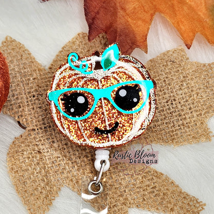 Fall Leopard Pumpkin Glitter Badge Reel  Interchangeable Name Tag Work ID Holder Personalized Nurse Gift for Teacher Holiday Badge