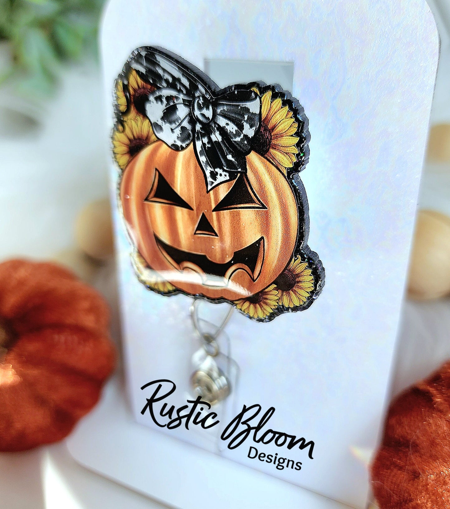 Jack O Lantern Pumpkin Sunflowers halloween  Glitter Badge Reel Interchangeable Name Tag Work ID Holder Personalized Nurse Gift for Teacher