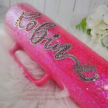 Hot Pink Neon Ombre Glitter Tumbler with Handle Straw Personalized Custom Travel Coffee Mug Gift for Mother's Mama Cup Girly Sparkly Epoxy