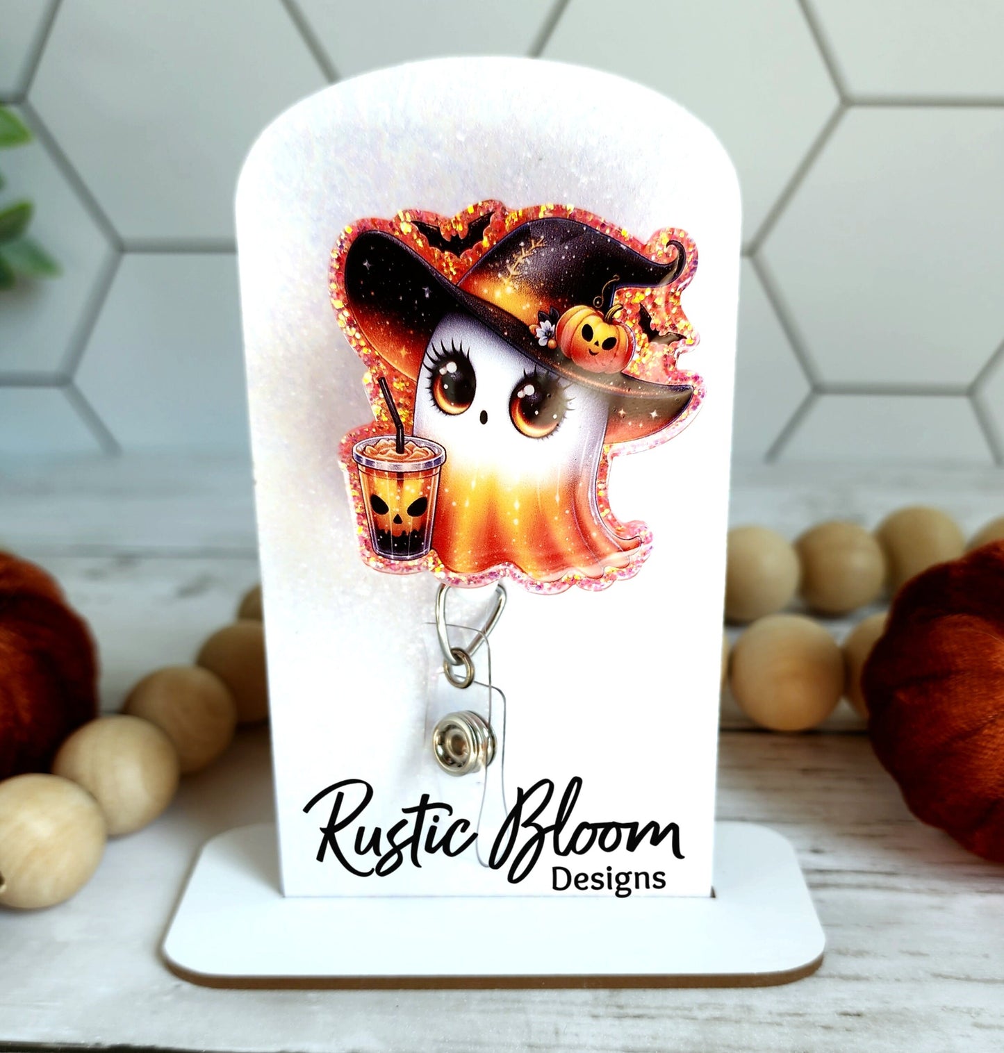 Ghost Witch Hat halloween Glitter Badge Reel Interchangeable Name Tag Work ID Holder Personalized Nurse Gift for Teacher