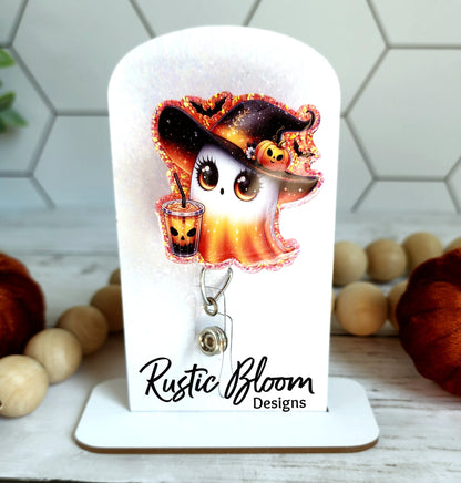 Ghost Witch Hat halloween Glitter Badge Reel Interchangeable Name Tag Work ID Holder Personalized Nurse Gift for Teacher