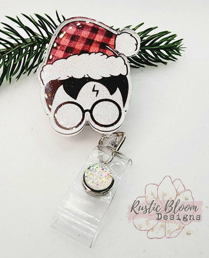 Glitter Harry Potter Santa Hat Badge Reel Interchangeable retractable Custom Work ID Nurse Gift Teacher Christmas Buffalo Plaid