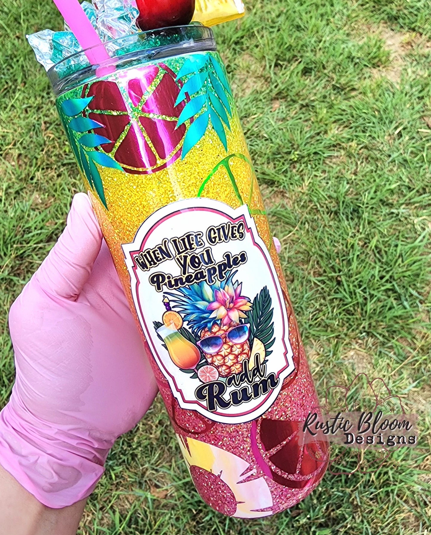Glitter Cocktail Pineapples Rum gift Swirl Cup personalized travel mug gift for her Insulated With Faux Ice topper