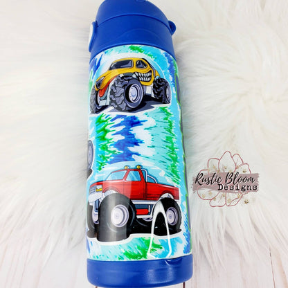 Monster Truck Tie-Dyed Kids Water Bottle Flip Top Tumbler Kids Birthday gift Custom Cups Boy Gifts Personalized gifts Son gift