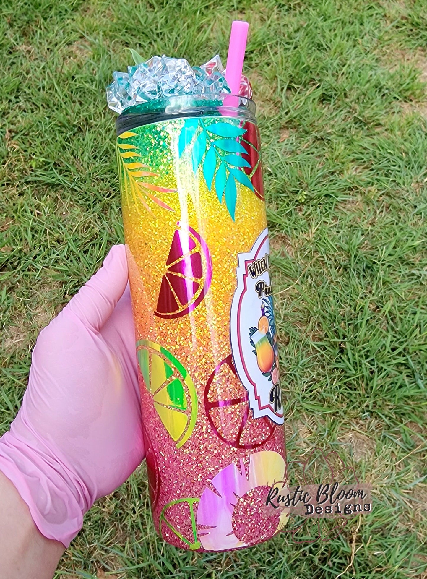 Glitter Cocktail Pineapples Rum gift Swirl Cup personalized travel mug gift for her Insulated With Faux Ice topper