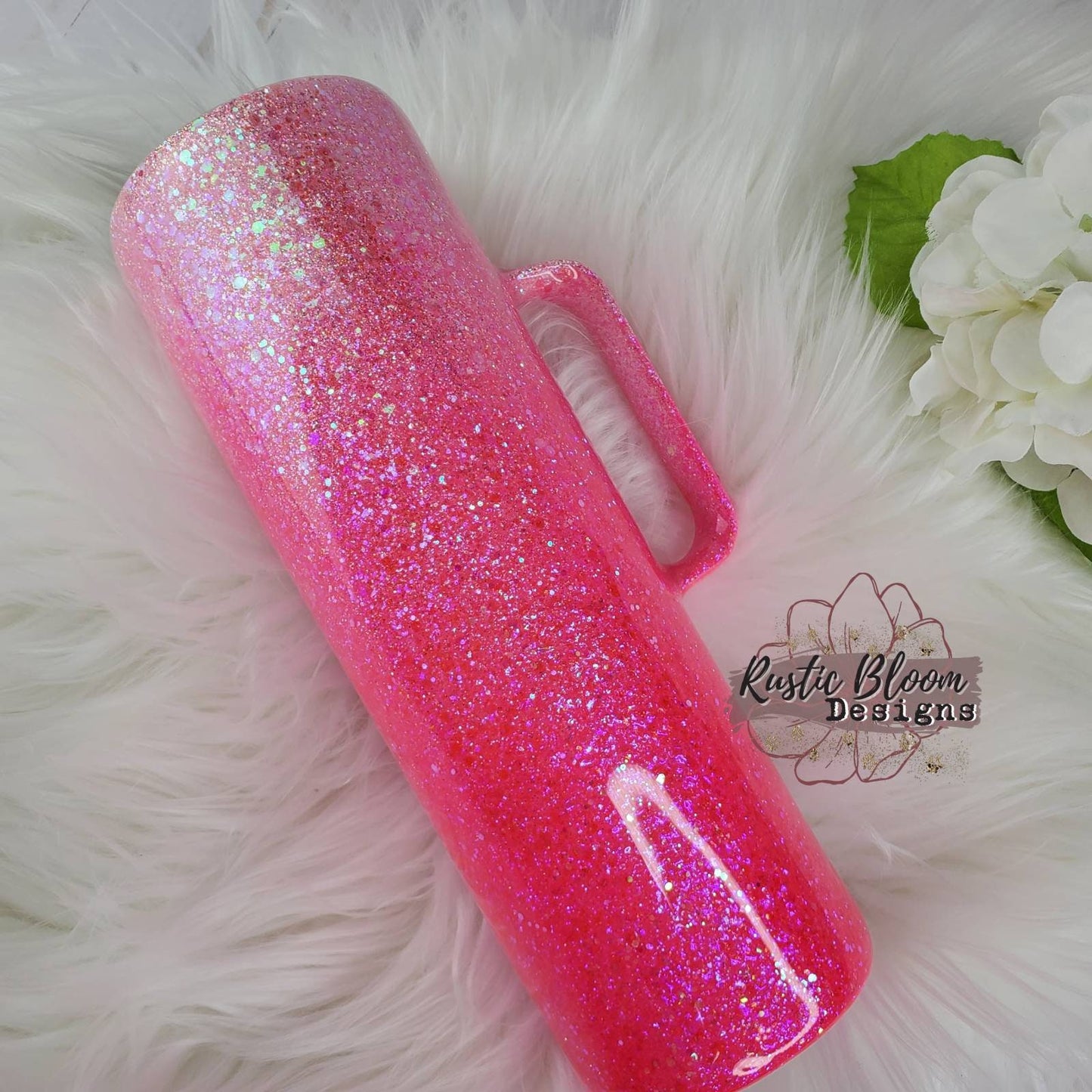 Hot Pink Neon Ombre Glitter Tumbler with Handle Straw Personalized Custom Travel Coffee Mug Gift for Mother's Mama Cup Girly Sparkly Epoxy