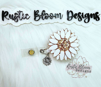Glitter Rose Gold Sunflower Badge Reel Retractable Interchangeable Nurse Name Holder Custom Gift For Her Work ID holder Teacher ID Tag