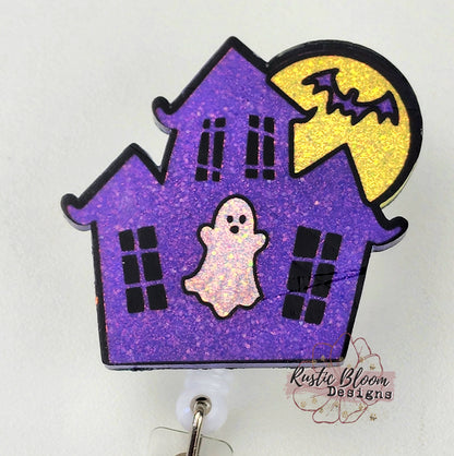 Haunted House Purple Glitter Badge Reel Halloween Interchangeable Name Tag Work ID Holder Personalized Nurse Gift for Teacher holiday Badge
