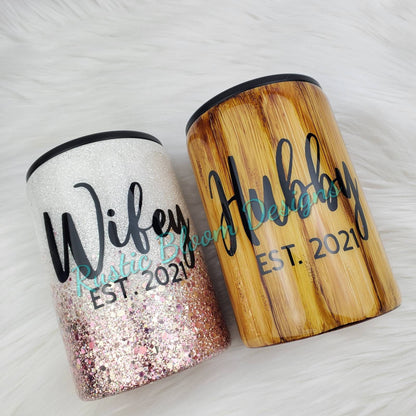 GLITTER Bride and Groom Tumbler Bridal Party Gift Mrs. MR. Personalized Bride To Be Custom Tumbler Wifey Hubby Coffee mug Can Coozie wedding