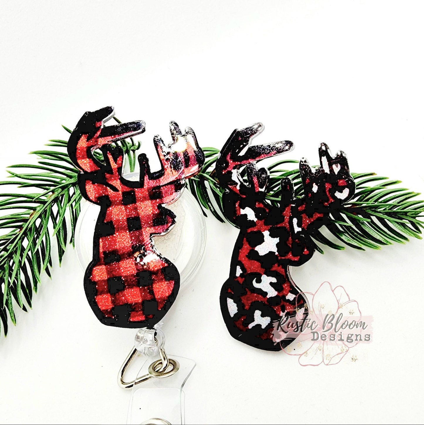 Glitter Deer Head Christmas Badge Reel Interchangeable retractable Personalized Custom Work ID Nurse Gift Teacher Christmas buffalo plaid