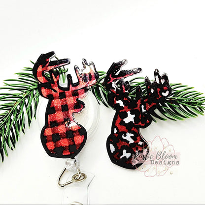 Glitter Deer Head Christmas Badge Reel Interchangeable retractable Personalized Custom Work ID Nurse Gift Teacher Christmas buffalo plaid