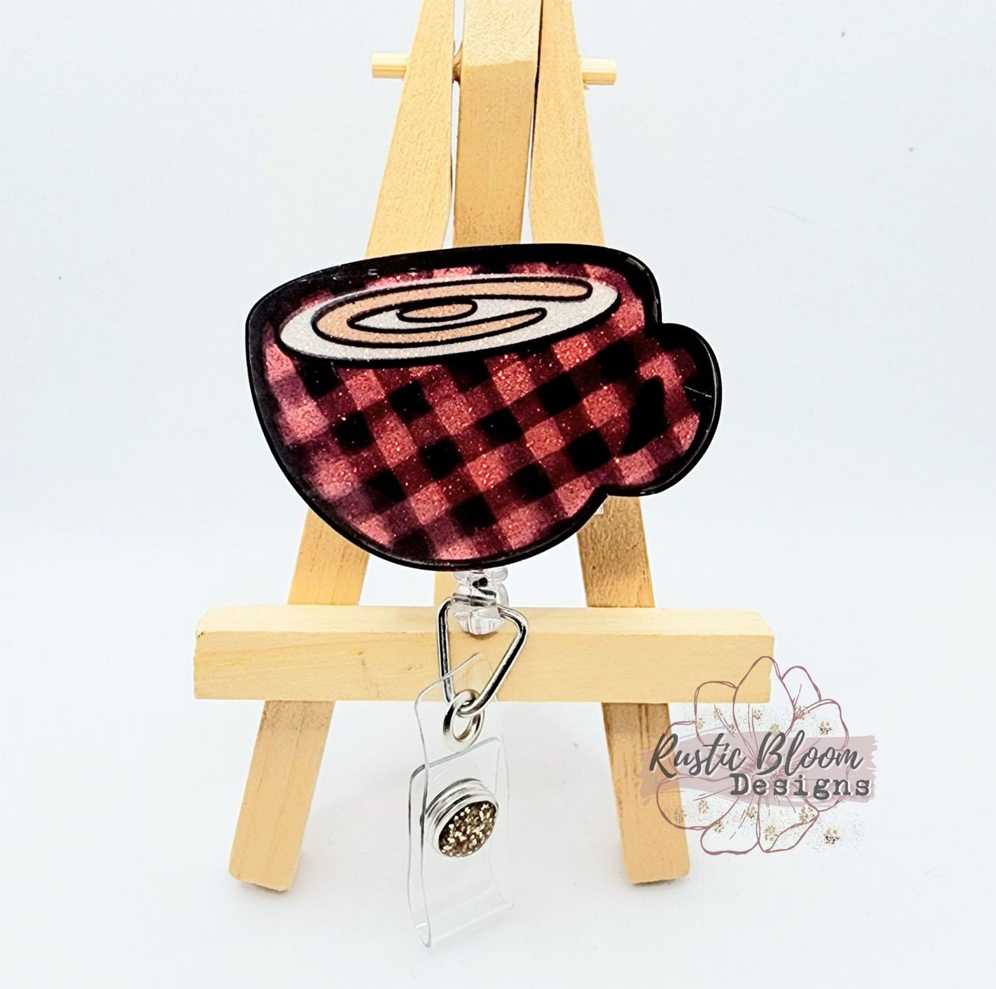 Glitter Hot Cocoa MugChristmas Badge Reel Interchangeable retractable Personalized Custom Work ID Nurse Gift Teacher Christmas buffalo plaid