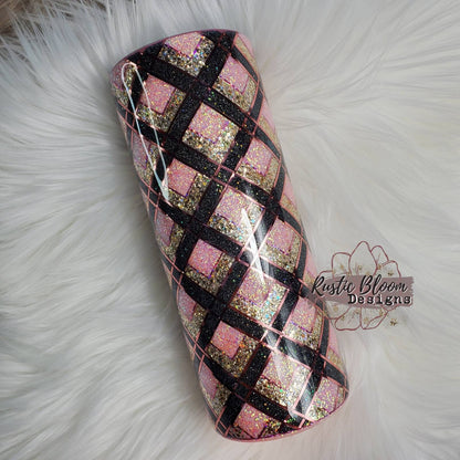 Glitter Pink Gold Lattice  Pattern Tumbler Custom Gift for Her Personalized Travel Insulated Travel Mug To Go Insulated Stainless steel Cup