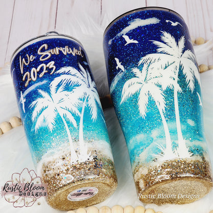 BEACH Ombre Glitter Tumbler PALM TREES  Mother's Day Gift for Her Custom Insulated Travel Coffee Mug Personalized Cup Tropical Ocean Waves