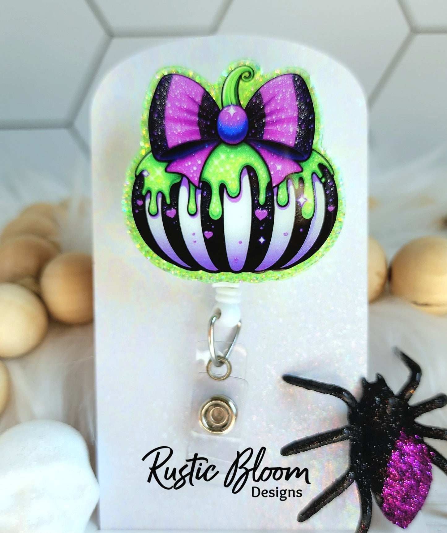 Pumpkin Black White Strip Drip Bow  Pumpkins  Glitter Badge Reel  Name Tag Work ID Holder Personalized Nurse Gift for Teacher