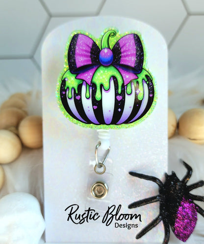 Pumpkin Black White Strip Drip Bow  Pumpkins  Glitter Badge Reel  Name Tag Work ID Holder Personalized Nurse Gift for Teacher