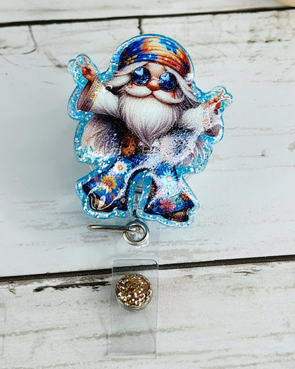 Hippie Gnome Peace Glitter Badge Reel Interchangeable RN Custom Retractable BadgeID Holder Teacher Gift Name Tag Nurse