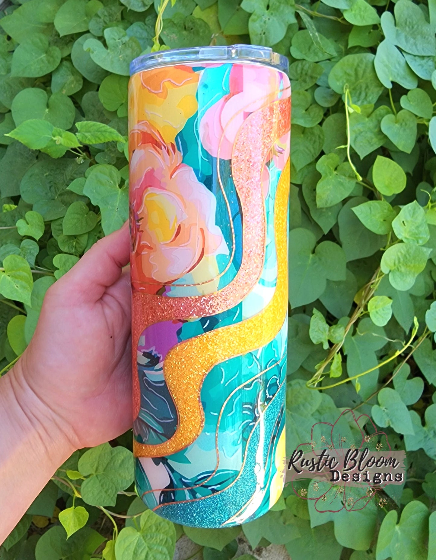 Glitter Pink Coral Teal Floral Swirl Wave Tumbler Custom Gift for Her Travel Mug Personalized Insulated Coffee Cup Hot Drinks Cold
