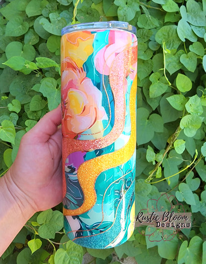 Glitter Pink Coral Teal Floral Swirl Wave Tumbler Custom Gift for Her Travel Mug Personalized Insulated Coffee Cup Hot Drinks Cold