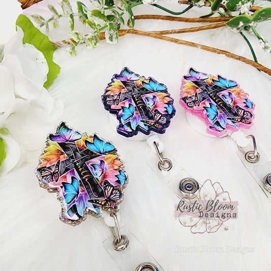 Cross Faith Butterfly Glitter Badge Reel Cute RN Custom Retractable ID Holder clip teacher Gift For healthcare worker Id tag Nurse gift