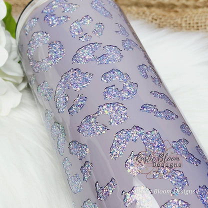 Purple Glitter Peekaboo Leopard Print Cheetah Tumbler Custom Gift for Her Travel Mug Personalized Insulated Coffee Cup Handle Hot Drinks