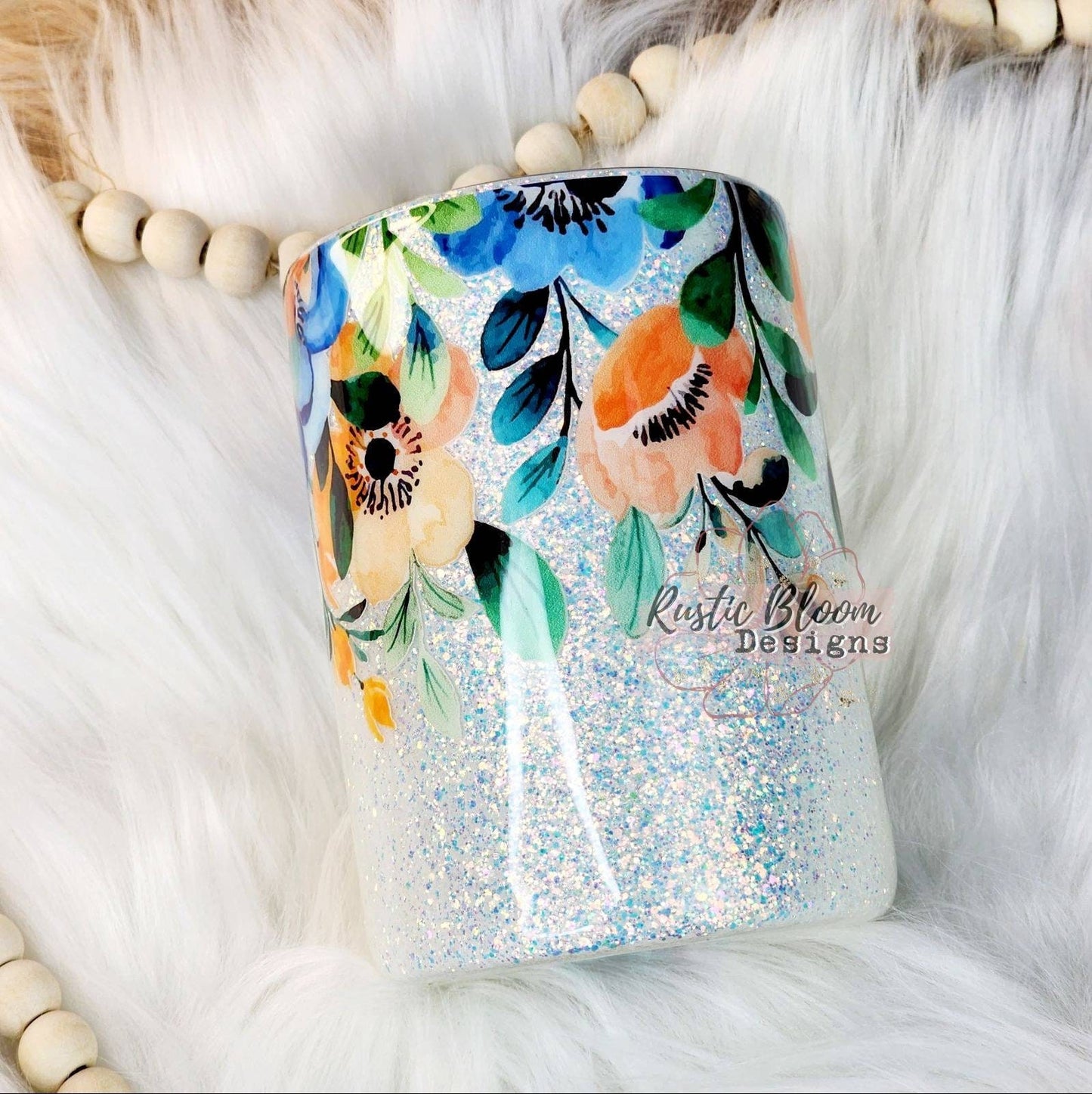 Glitter White  Floral Can Coozie stainless steel can  gift for her custom epoxy tumbler insulated drink cooler personalized tumbler