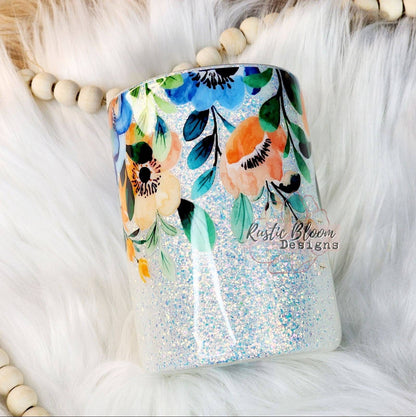 Glitter White  Floral Can Coozie stainless steel can  gift for her custom epoxy tumbler insulated drink cooler personalized tumbler