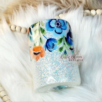 Glitter White  Floral Can Coozie stainless steel can  gift for her custom epoxy tumbler insulated drink cooler personalized tumbler
