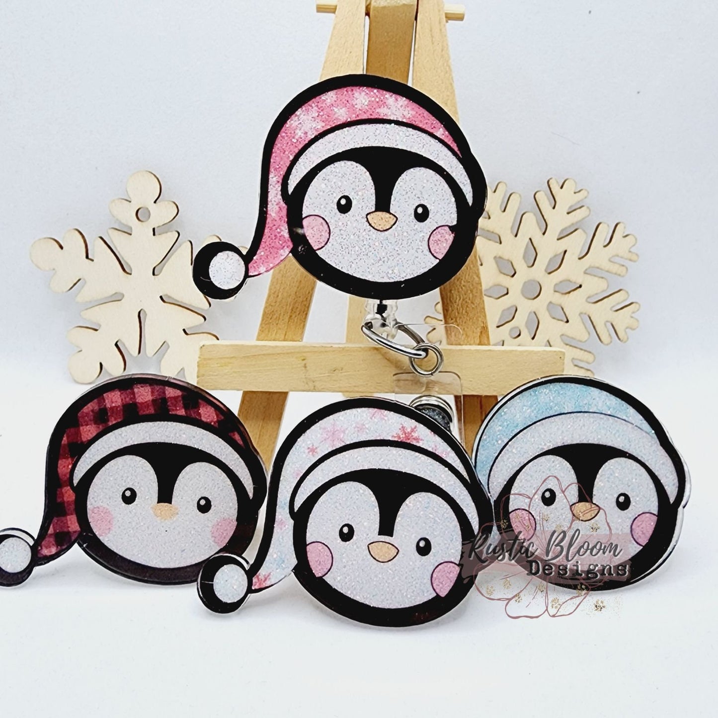 Glitter Penguin Santa Hat Christmas Badge Reel Interchangeable retractable Custom Work ID Nurse Gift Teacher Christmas buffalo plaid