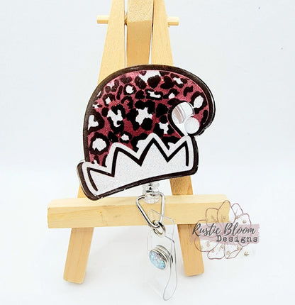Glitter Christmas Elf Hat Badge Reel Interchangeable retractable Custom Work ID Nurse Gift Teacher Christmas Leopard Print