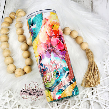 Glitter Pink Coral Teal Floral Swirl Wave Tumbler Custom Gift for Her Travel Mug Personalized Insulated Coffee Cup Hot Drinks Cold