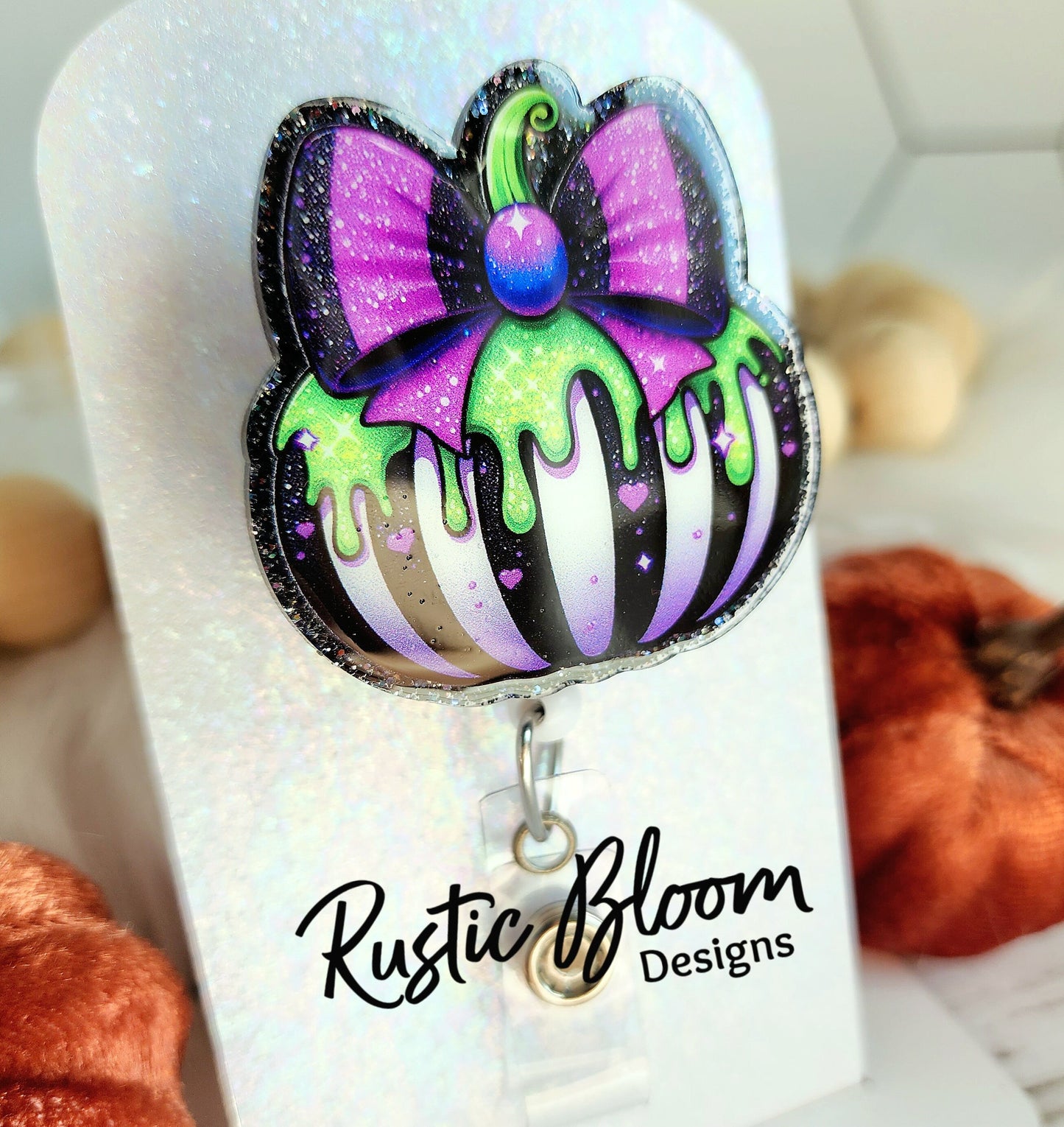 Pumpkin Black White Strip Drip Bow  Pumpkins  Glitter Badge Reel  Name Tag Work ID Holder Personalized Nurse Gift for Teacher