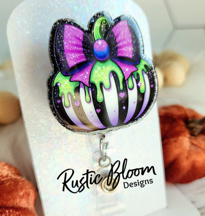 Pumpkin Black White Strip Drip Bow  Pumpkins  Glitter Badge Reel  Name Tag Work ID Holder Personalized Nurse Gift for Teacher