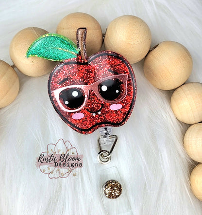 Glitter Apple Teacher Badge Reel Retractable Interchangeable teacher Name Holder Custom Gift For Her Work ID holder Teacher ID Tag gift