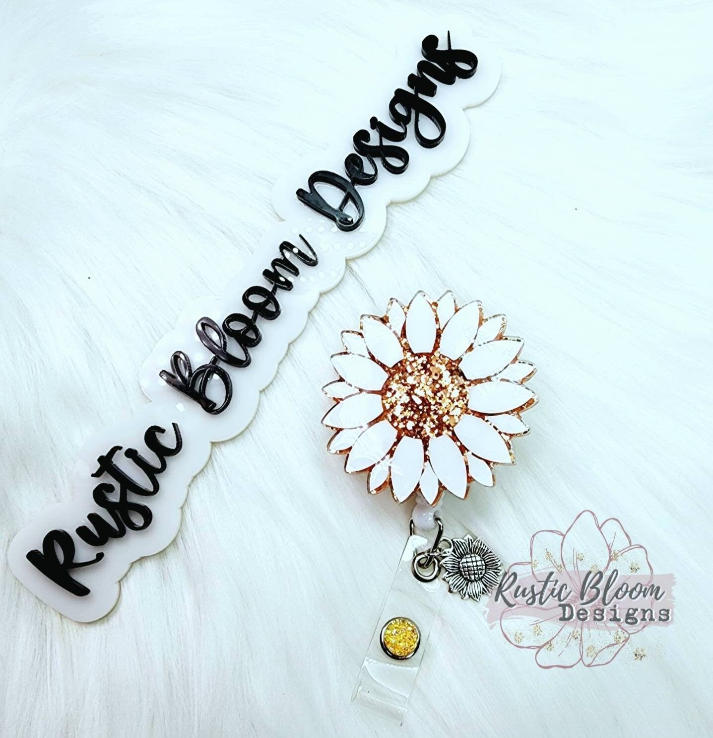 Glitter Rose Gold Sunflower Badge Reel Retractable Interchangeable Nurse Name Holder Custom Gift For Her Work ID holder Teacher ID Tag