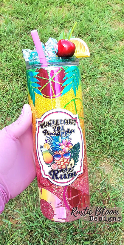 Glitter Cocktail Pineapples Rum gift Swirl Cup personalized travel mug gift for her Insulated With Faux Ice topper