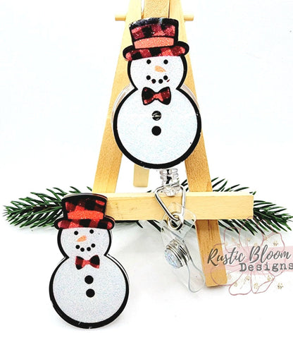 Glitter Snowman Plaid Hat bootie  Badge Reel Interchangeable retractable Custom Work ID Nurse Gift Teacher Christmas Buffalo Plaid