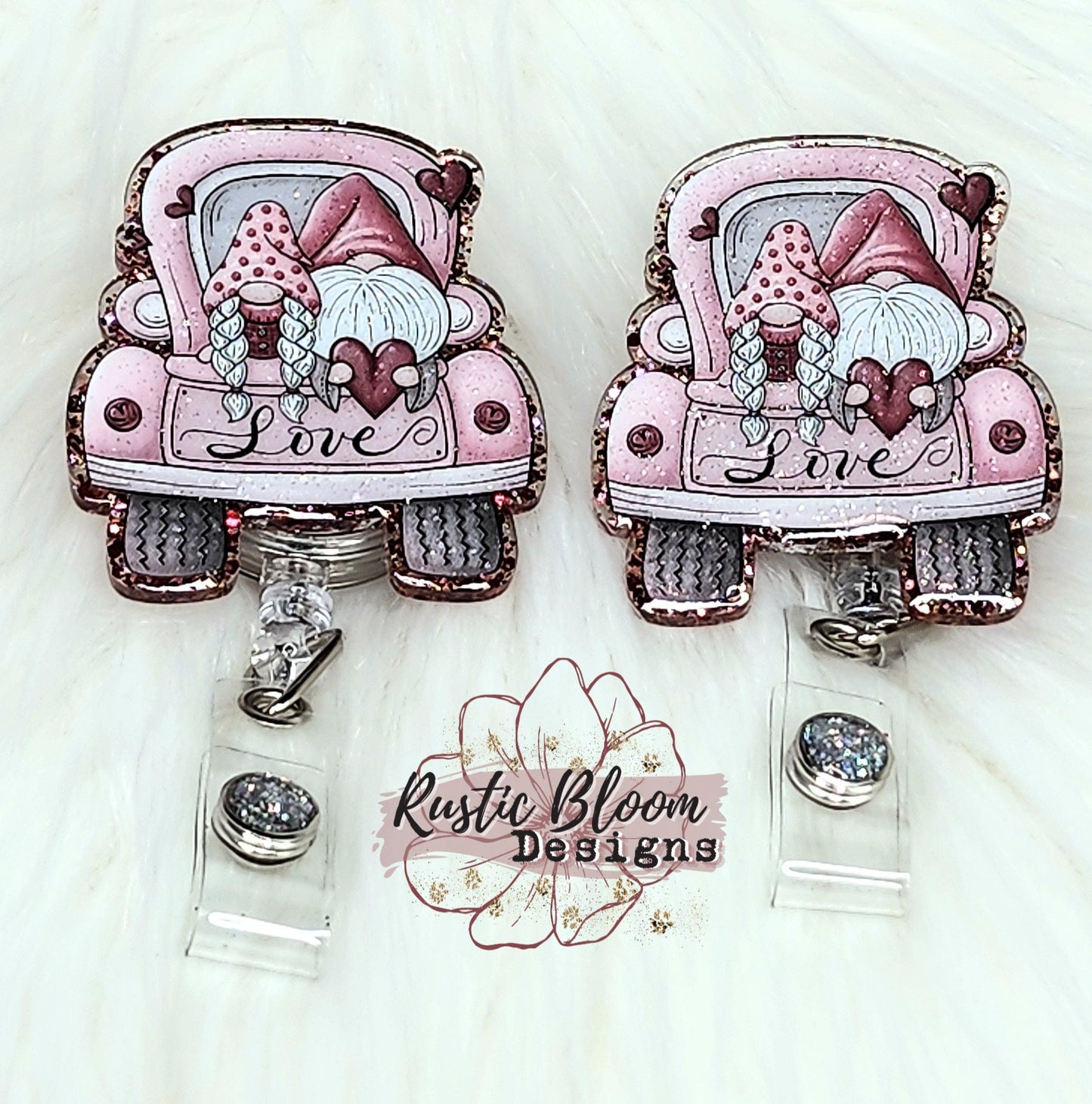Valentine's Day Glitter Gnome Truck Badge Personalized Leopard Print Nurse Badge Custom Work Name Tag Teacher Gift Retractable Badge Reel