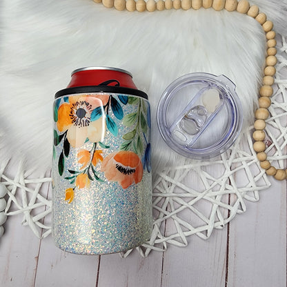 Glitter White  Floral Can Coozie stainless steel can  gift for her custom epoxy tumbler insulated drink cooler personalized tumbler