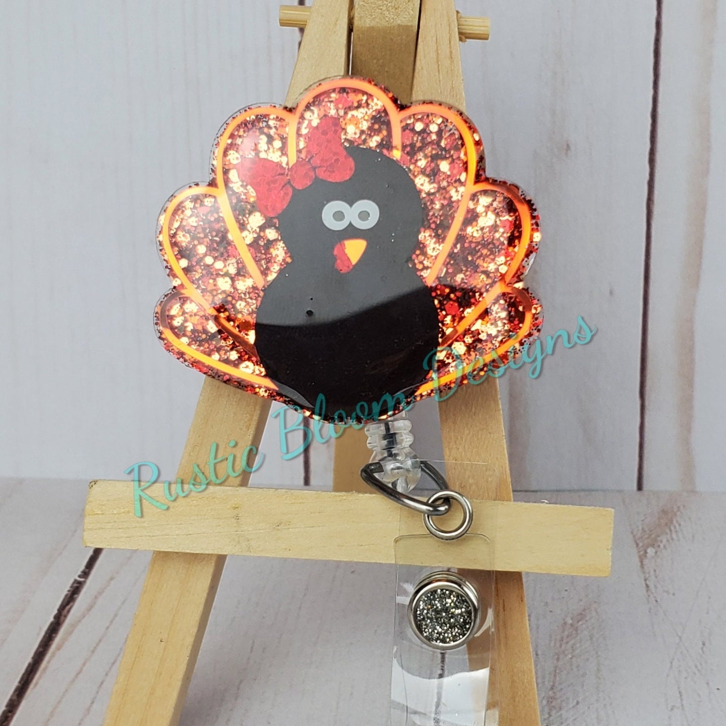 Fall Turkey Glitter Badge Reel Interchangeable Name Tag Work ID Holder Personalized Nurse Gift for Teacher Holiday Badge Seasonal Badge