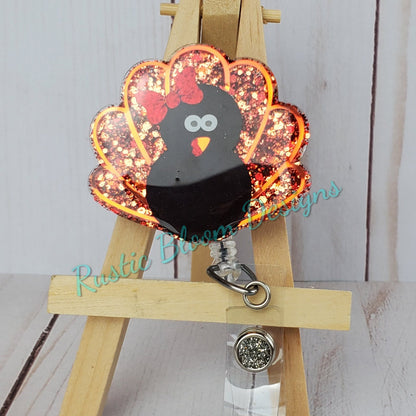 Fall Turkey Glitter Badge Reel Interchangeable Name Tag Work ID Holder Personalized Nurse Gift for Teacher Holiday Badge Seasonal Badge